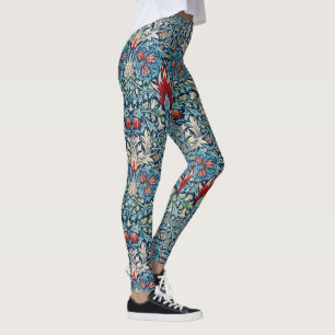 Floral pattern on green leaves blue background leggings