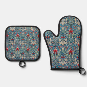Floral pattern on green leaves blue background oven mitt & pot holder set