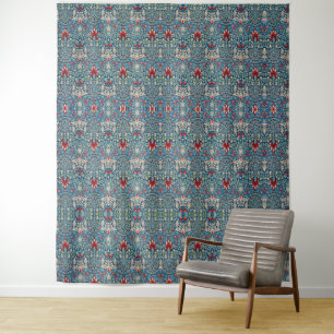 Floral pattern on green leaves blue background tapestry