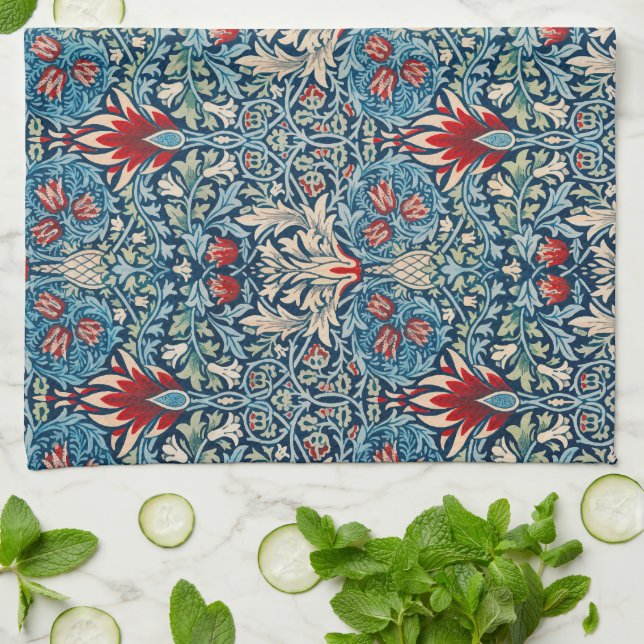 Floral pattern on green leaves blue background tea towel (Folded)