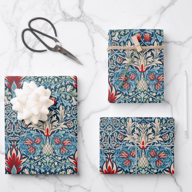 Floral pattern on green leaves blue background wrapping paper sheet (Front)