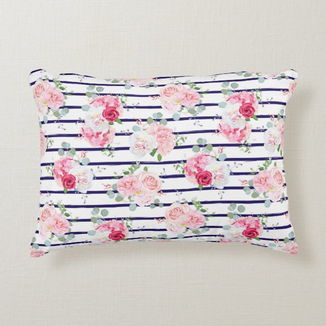 Floral Pattern on Horizontal Stripe Roses Peony  Decorative Cushion (Front)