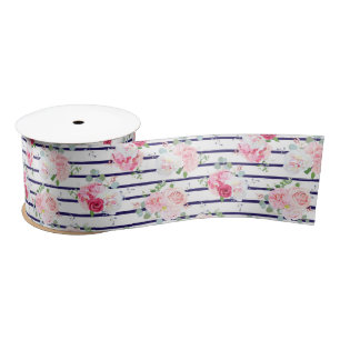 Floral Pattern on Horizontal Stripe Roses Peony Satin Ribbon