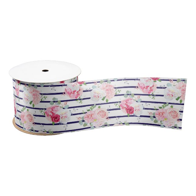 Floral Pattern on Horizontal Stripe Roses Peony    Satin Ribbon (Spool)