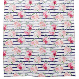 Floral Pattern on Horizontal Stripe Roses Peony Shower Curtain