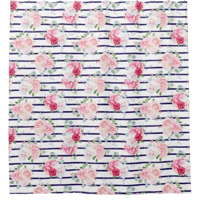 Floral Pattern on Horizontal Stripe Roses Peony  Shower Curtain (Front)