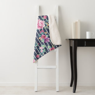 Floral Pattern on Stripe Roses Foliage Pink Purple Sherpa Blanket