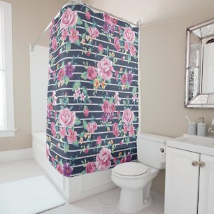 Floral Pattern on Stripe Roses Foliage Pink Purple Shower Curtain