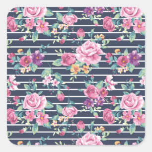 Floral Pattern on Stripe Roses Foliage Pink Purple Square Sticker