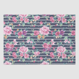 Floral Pattern on Stripe Roses Foliage Pink Purple Tissue Paper