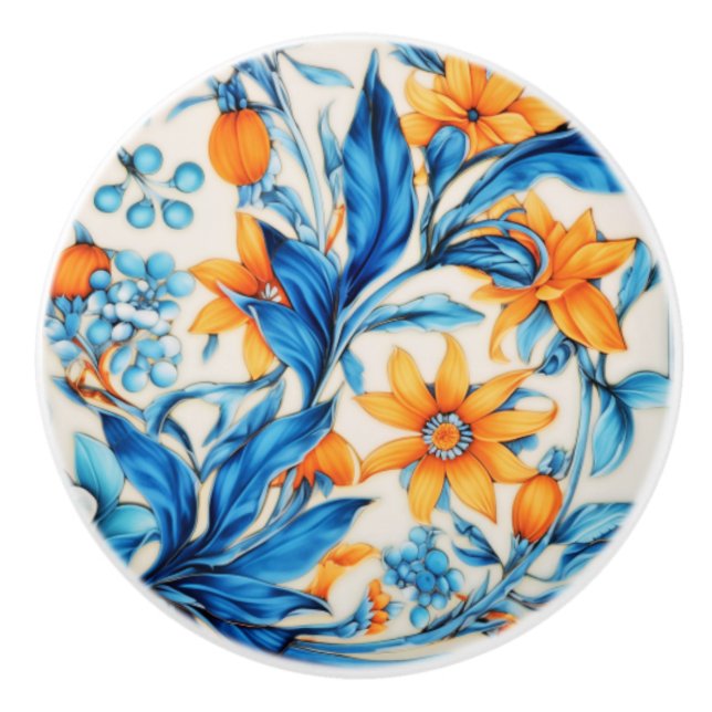 Floral Pattern - orange and blue Ceramic Knob (Front)