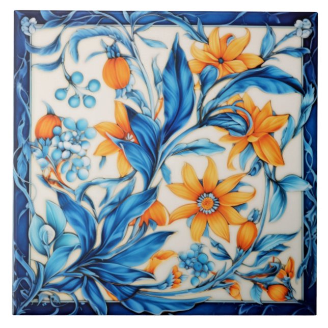 Floral Pattern- Orange and Blue Tile (Front)