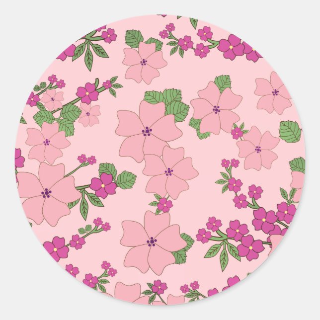 Floral pattern, pastel violet and purple, classic round sticker (Front)