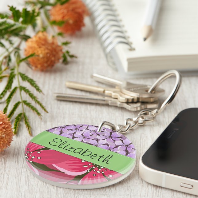 Floral Pattern, Pattern Of Flowers, Your Name Key Ring (Front Right)