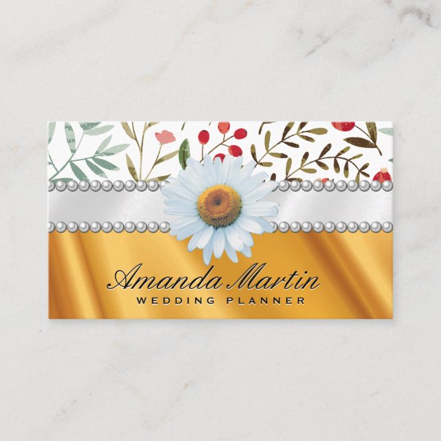 Floral Pattern | Pearls and Gold Silk Drapery Business Card (Front)