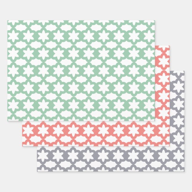 Floral Pattern Pink Green and Grey Wrapping Paper Sheet (Set)