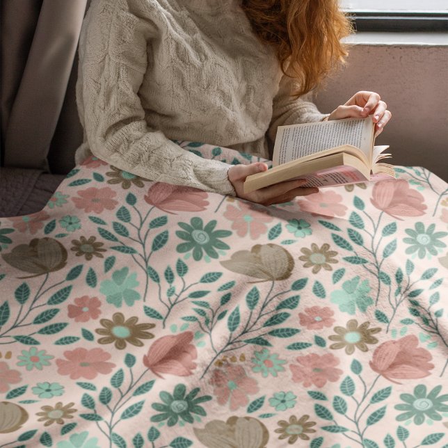 Floral pattern pink green brown boho  fleece blanket (Warm and cosy colors and design for inside or outdoors. )