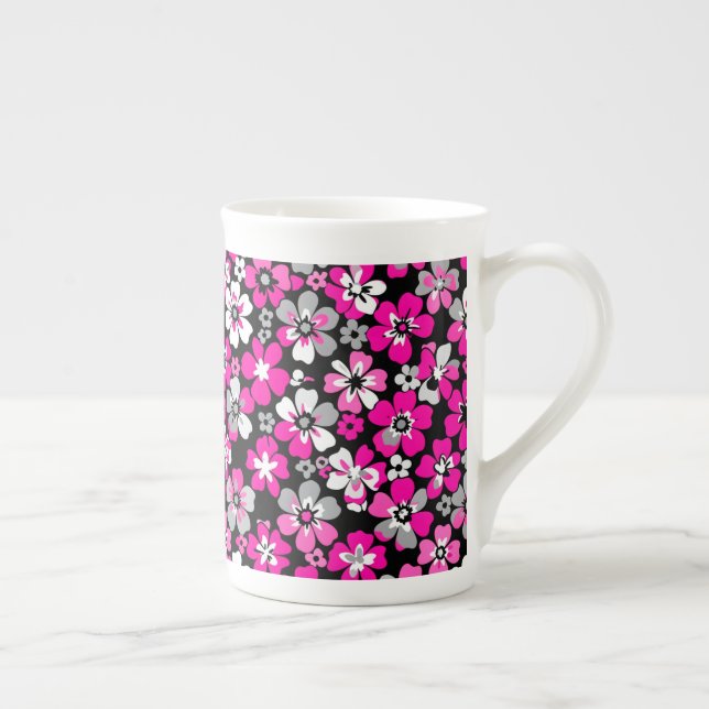 Floral Pattern Pink Grey White Black  Bone China Mug (Right)