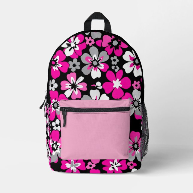 Floral Pattern Pink Grey White Black  Printed Backpack (Front)