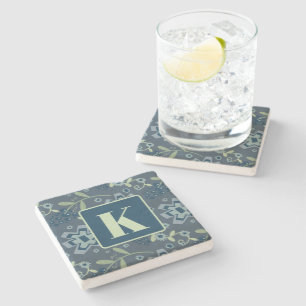 Floral Pattern Pretty Custom Initial Stone Coaster