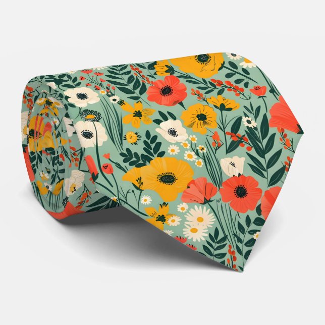 Floral Pattern Pretty Flowers Green Tie (Rolled)