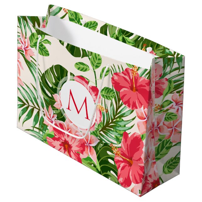 Floral Pattern Red Hibiscus Monogram L Gift Bag (Front Angled)