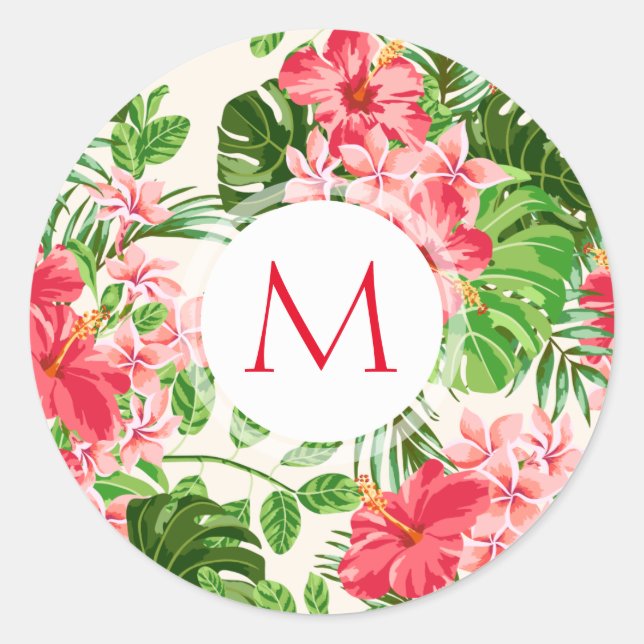 Floral Pattern Red Hibiscus Monogram Round sticker (Front)