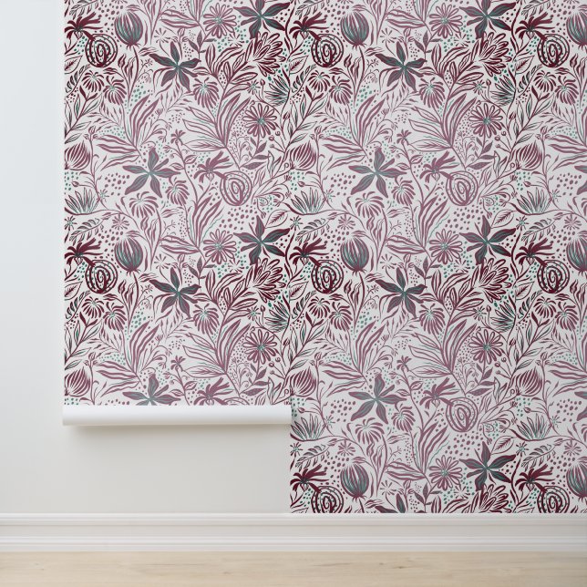 Floral Pattern Retro Dark Plum Wallpaper (Application)