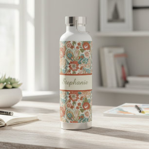 Floral pattern retro rust teal water bottle