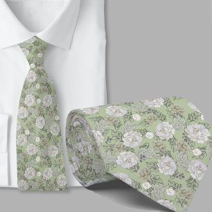 Floral Pattern Sage Green Flowers Necktie