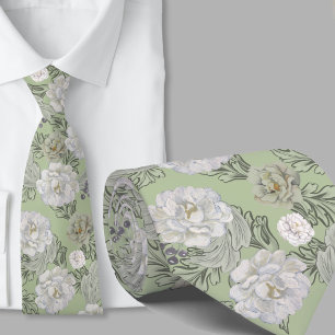 Floral Pattern Sage Green Large Flowers Necktie