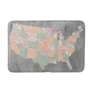 Floral Pattern States Map Bath Mat