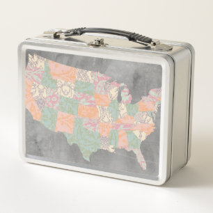 Floral Pattern States Map Metal Lunch Box