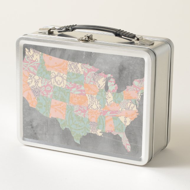 Floral Pattern States Map Metal Lunch Box (Front)
