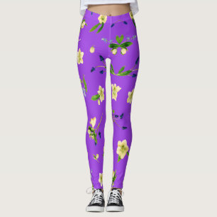 Floral pattern summer on bright purple background leggings