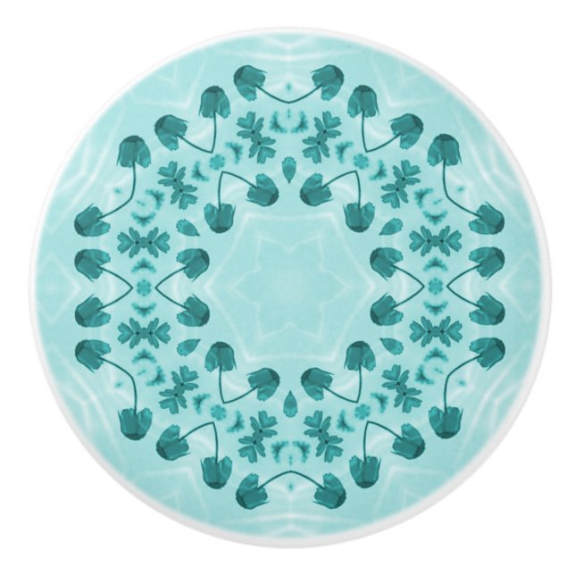 Floral Pattern, Teal Blue Ceramic Knob (Front)