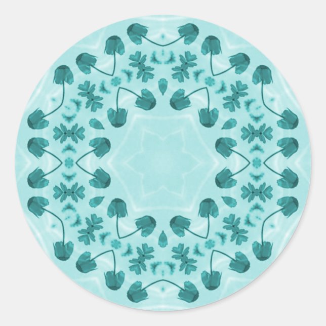 Floral Pattern, Teal Blue Classic Round Sticker (Front)