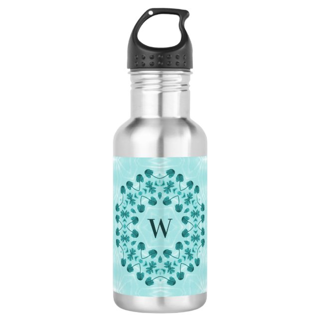 Floral Pattern, Teal Blue Initial 710 Ml Water Bottle (Front)