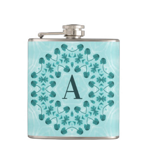 Floral Pattern, Teal Blue Initial Hip Flask