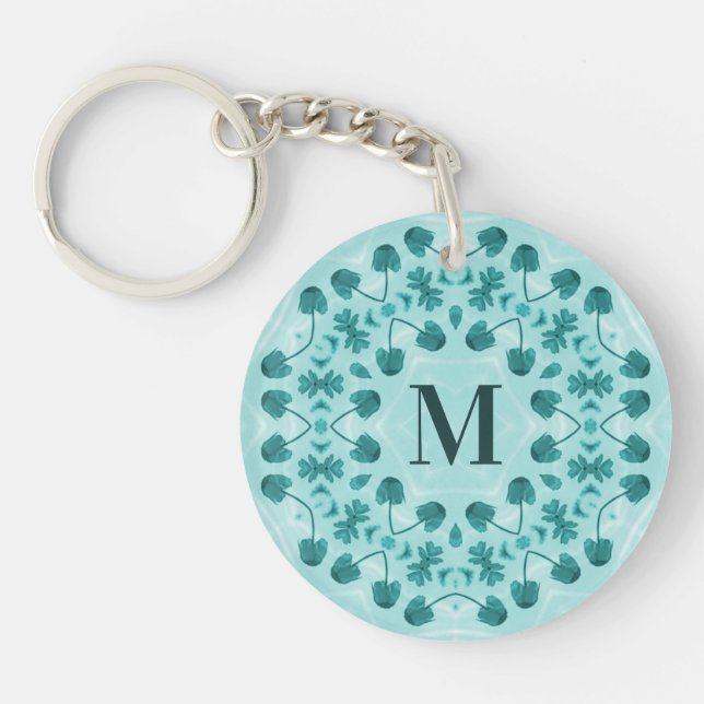 Floral Pattern, Teal Blue Initial Key Ring (Front)