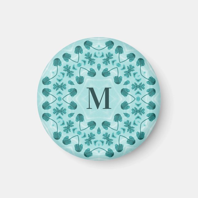 Floral Pattern, Teal Blue Initial Magnet (Front)