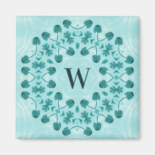 Floral Pattern, Teal Blue Initial Magnet