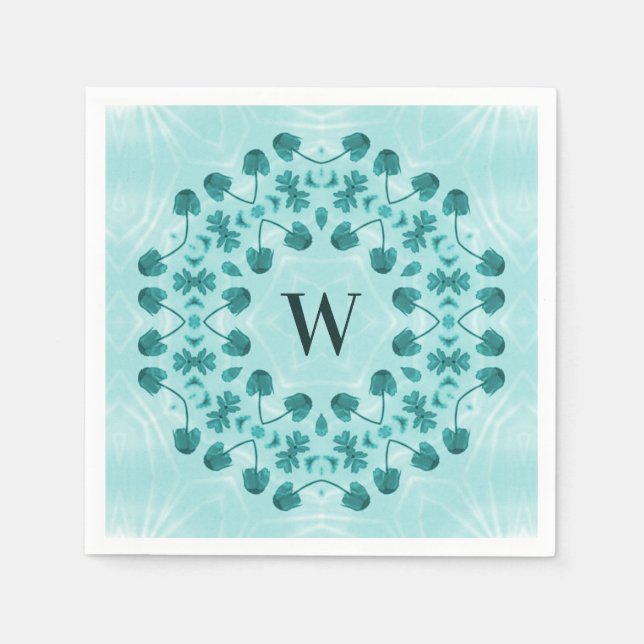 Floral Pattern, Teal Blue Initial Napkin (Front)