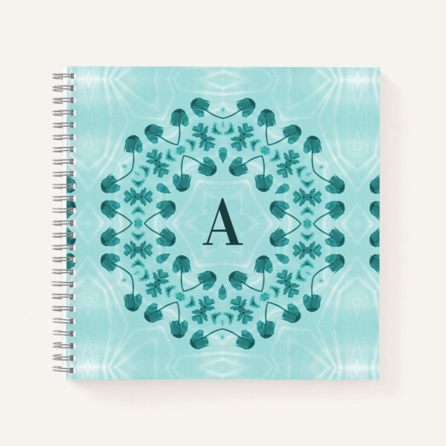 Floral Pattern, Teal Blue Initial Notebook (Front)
