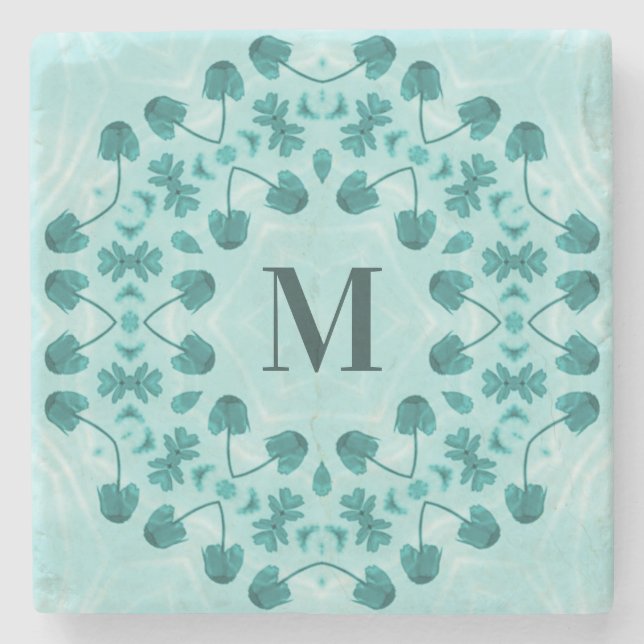 Floral Pattern, Teal Blue Initial Stone Coaster (Front)