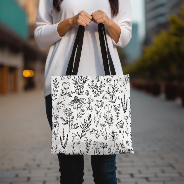 Floral Pattern Tote Bag, Black and White Tote Bag (Creator Uploaded)
