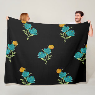 Floral Pattern Turquoise Coral Green on Black  Fleece Blanket