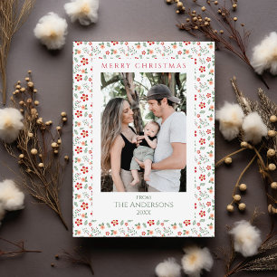 Floral Pattern Two Photo Merry Christmas Holiday Card