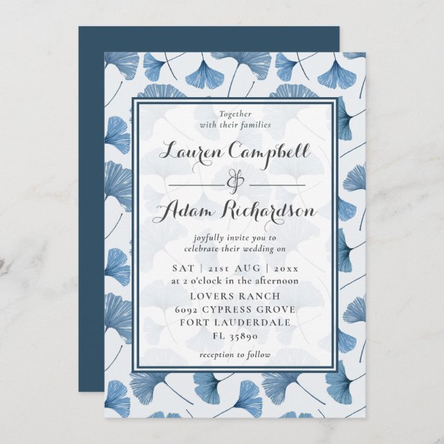 Floral Pattern Watercolor Blue & White Wedding Invitation (Front/Back)