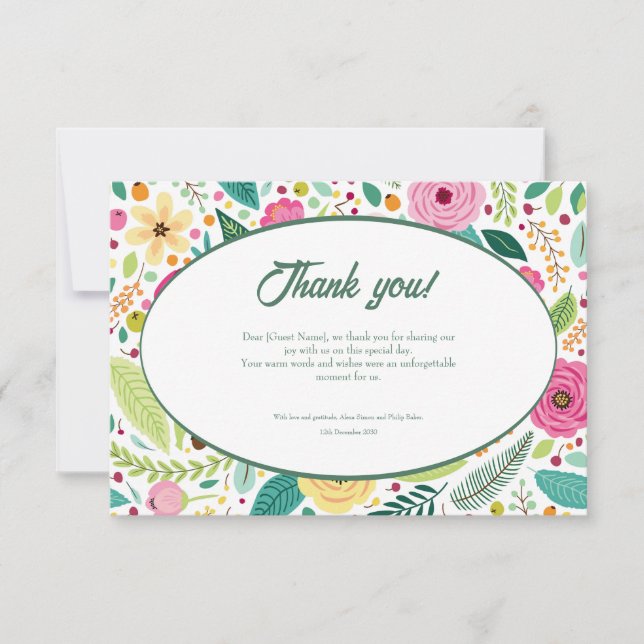Floral Pattern Watercolor Wedding Thank you card (Front)